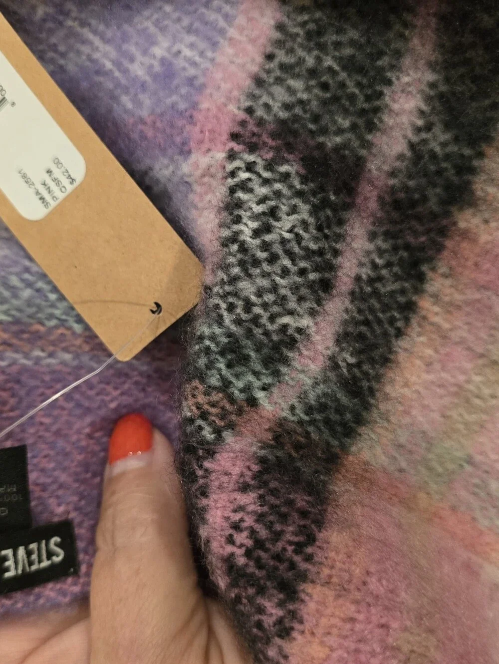 Steve Madden Plaid Fringe Scarf in Pastel Pink and Lavender NWT